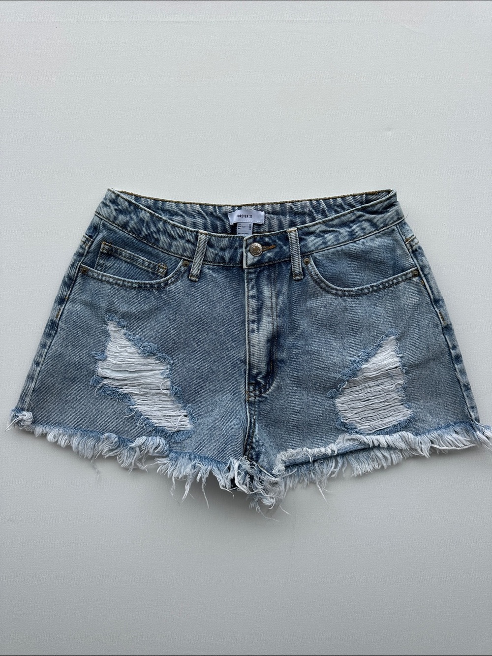 Forever 21 Washed Blue Distressed Denim Shorts